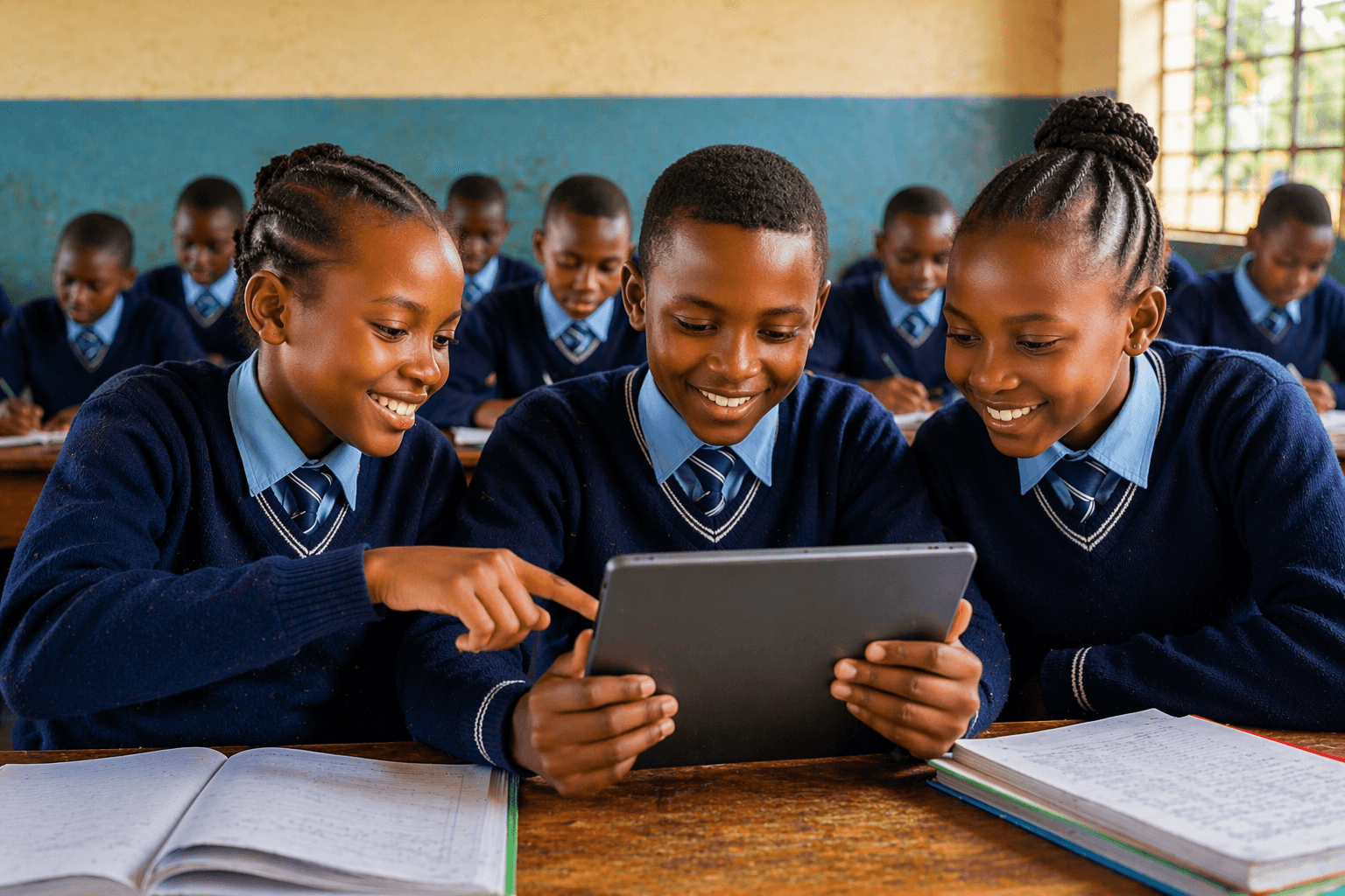 Kenyan school students using a tablet in the classroom